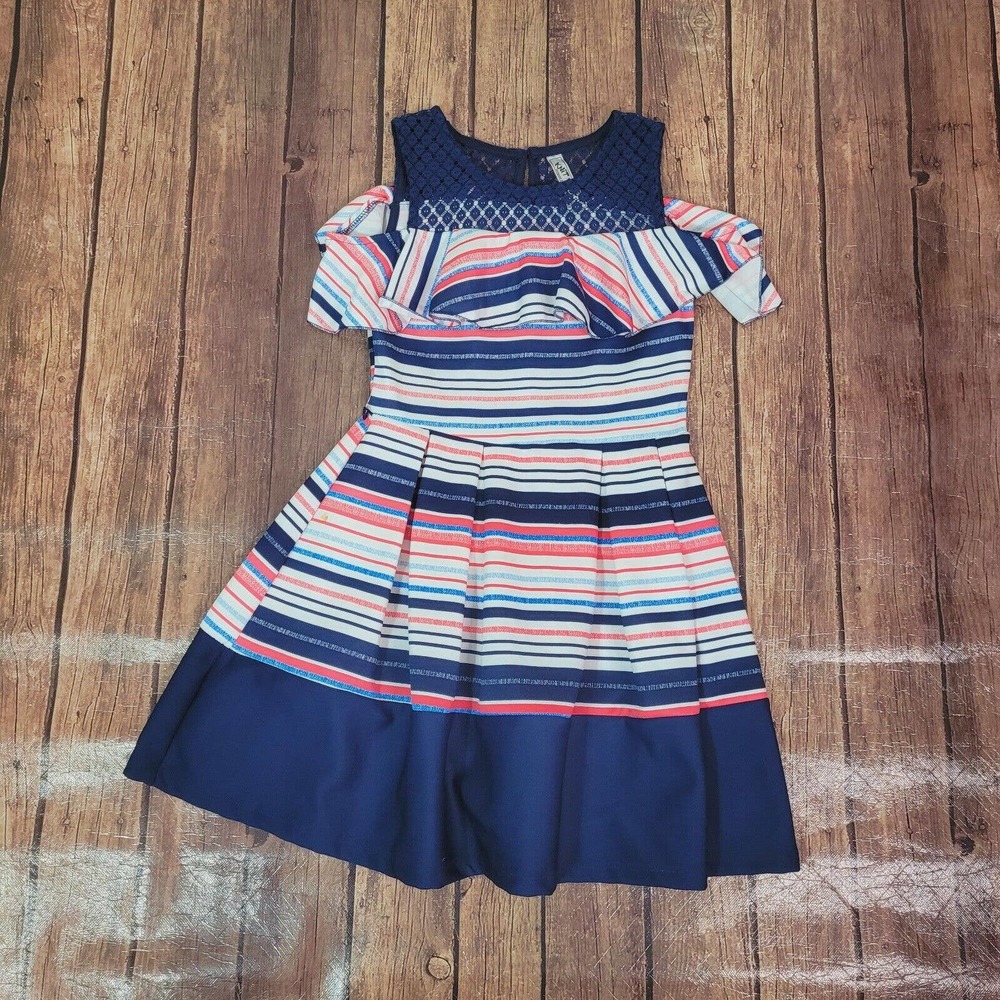 Knitworks Girls Dress Blue 7 Cold Shoulder Strip Fit & Flare Missing Belt‎